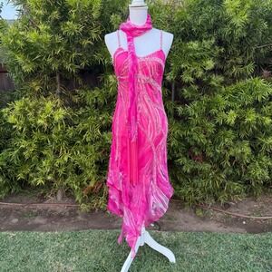 Paola Forti Silk Beaded Slip Dress Scarf Set Hot Pink Draped Midi Size 44